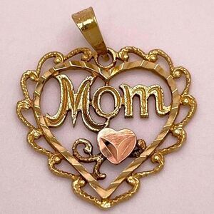 Vintage 14k Yellow Gold Mom Heart Charm Pendant With Pink Heart Diamond Cut